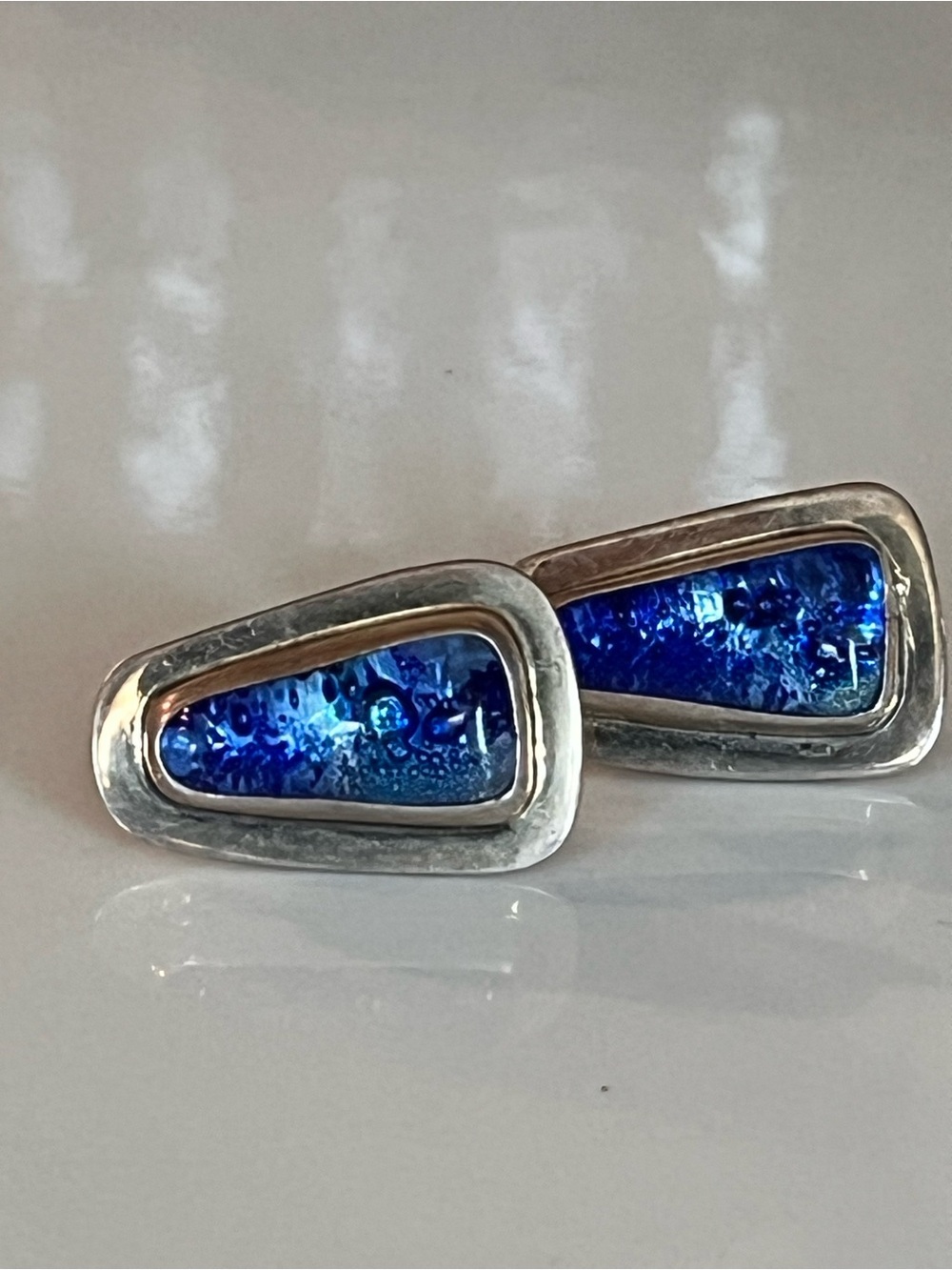 Ocean Blue Art Glass Pierced Earrings Sterling Silver 925